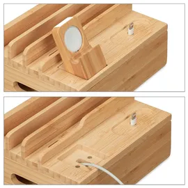 Relaxdays Ladestation, für Apple Watch, Bambus, HxBxT 11 x 17 x 13 cm, Handystation, Tablethalter, Uhrenständer, natur
