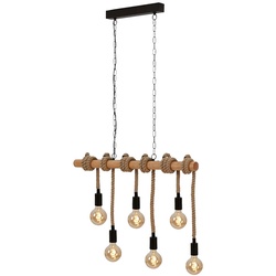 Hängeleuchte Höhenverstellbar Esszimmerleuchte Holzbalken Holzleuchte hängend, Metall schwarz Hanfseil, 6x E27 Fassungen, LxBxH 90x5x150cm