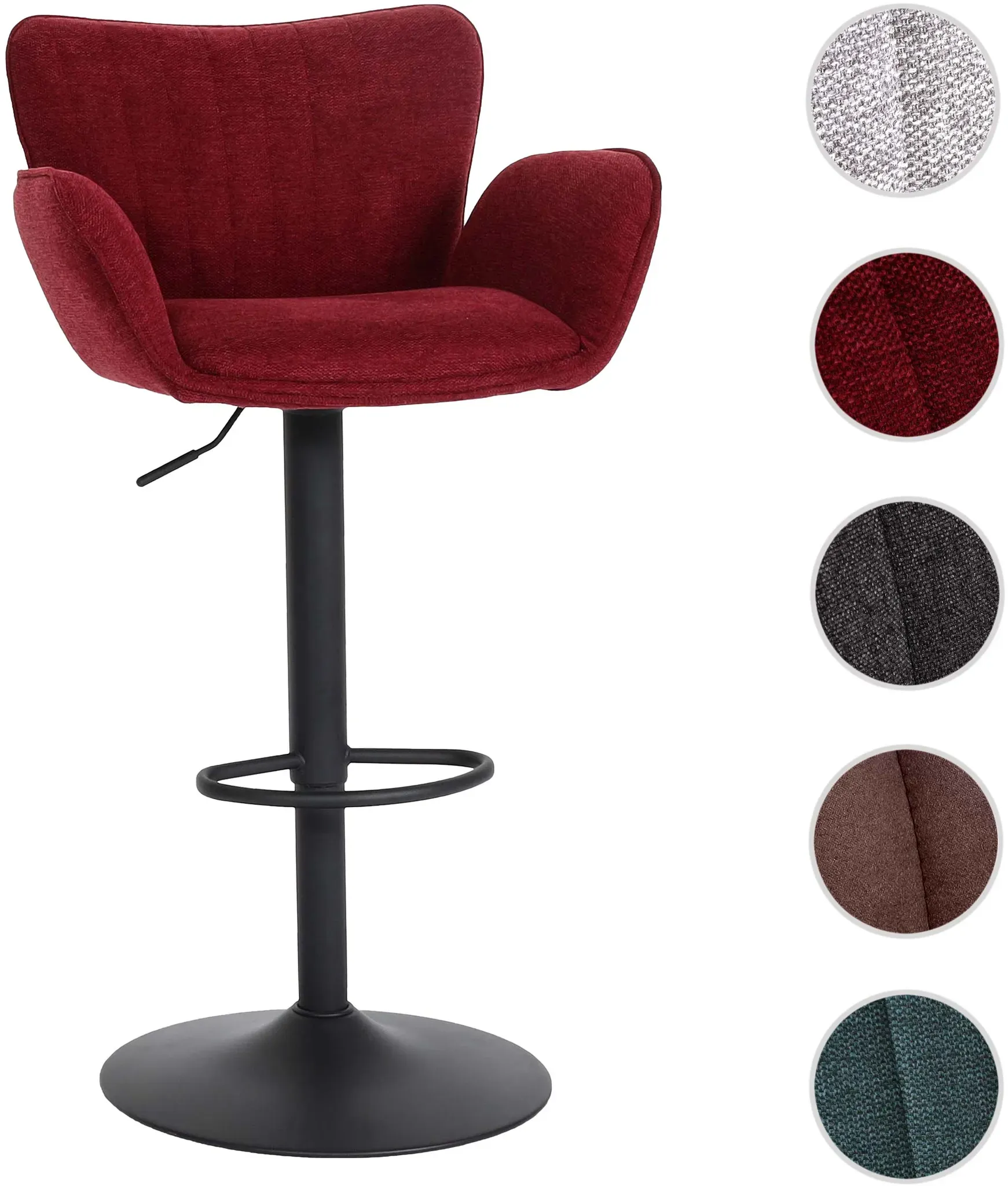 Barhocker HWC-M67, Drehstuhl Barstuhl, mit Armlehne Fußablage drehbar Stoff/Textil Eisen FSC® ~ bordeaux Fuß schwarz