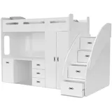 uniquemoebel Hochbett PL mit Matratze, Schreibtisch, leiderschrank. Treppe beide seitig montierbar - weiß