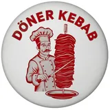speecheese Döner Kebab Logo Magnet rund mit Koch im Schnurrbart-Look Retro Design in Rot und Weiß Fleischspieß und Kochmütze