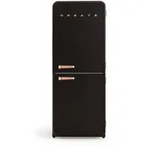 CREATE / RETRO FRIDGE FRIDGE COMBI 185 ROSE GOLD/Kombi-Kühlschrank mit Gefrierfach 401L in Schwarz, Griff Rosa-Gold / 190W, No Frost System, 3 Ablagen, 2 Schubladen, Temperaturregler, 70x65x185 cm