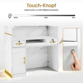 Barberpub Empfangstheke mit 3 Schubladen & 1 Schrank, Empfangstisch mit Beleuchtung, Abschließbar, Rezeptionstheke Kassentheke, R9759(Weiß-Gold) - Weiß/Gold