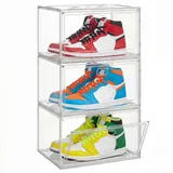 SONGMICS Schuhboxen stapelbar transparent, Schuh-Organizer, Schuhaufbewahrung, für Schuhe bis Größe 47, mit Magnettür, aus Kunststoff, 3er Set LSP703WH02