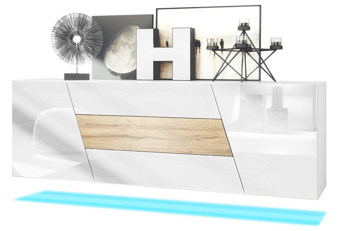 Vladon Sideboard Houston (hängende Kommode, mit 2 Türen und 3 Schubladen inkl. LED-Beleuchtung), Weiß matt/Weiß Hochglanz/Eiche Natur (178 x 57,5 x 38,5 cm) braun