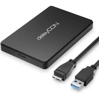 deleyCON SSD Festplattengehäuse USB 3.0 für 2,5“ Zoll SATA 3 SSD / HDD / 7mm / 9,5mm SATA III Festplatten Externes Gehäuse UASP [Schwarz]