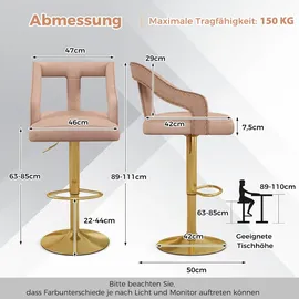 Costway Barhocker Samt rosa 2er Set