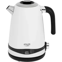 Adler AD1295 Elektrischer Wasserkocher, Fassungsvermögen 1,7L, BPA-frei, Temperaturregelung, Edelstahl, Kabellos, Weiß, 2200W