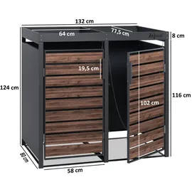 Zelsius Mülltonnenbox mit Pflanzdach 2 Mülltonnen Anthrazit RAL 7016, Tür in dunkelbrauner Holzoptik