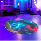 CARPETIA Runder Gaming-Teppich Gamer auffällig lebendig-Bunte neon-farbige Symbole schwebender Controller 120 cm Rund