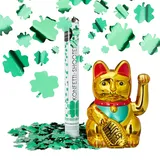 Relaxdays 2 TLG. Glücks-Set, Maneki Neko Winkekatze, Party Popper Kleeblatt, Glückskatze Gold, Konfetti Kanone grüner Glücksregen