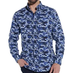 steffen klein Herren Langarm-Hemd Business-Shirt im Camouflage-Look Baumwoll-Hemd 900270 Blau - M