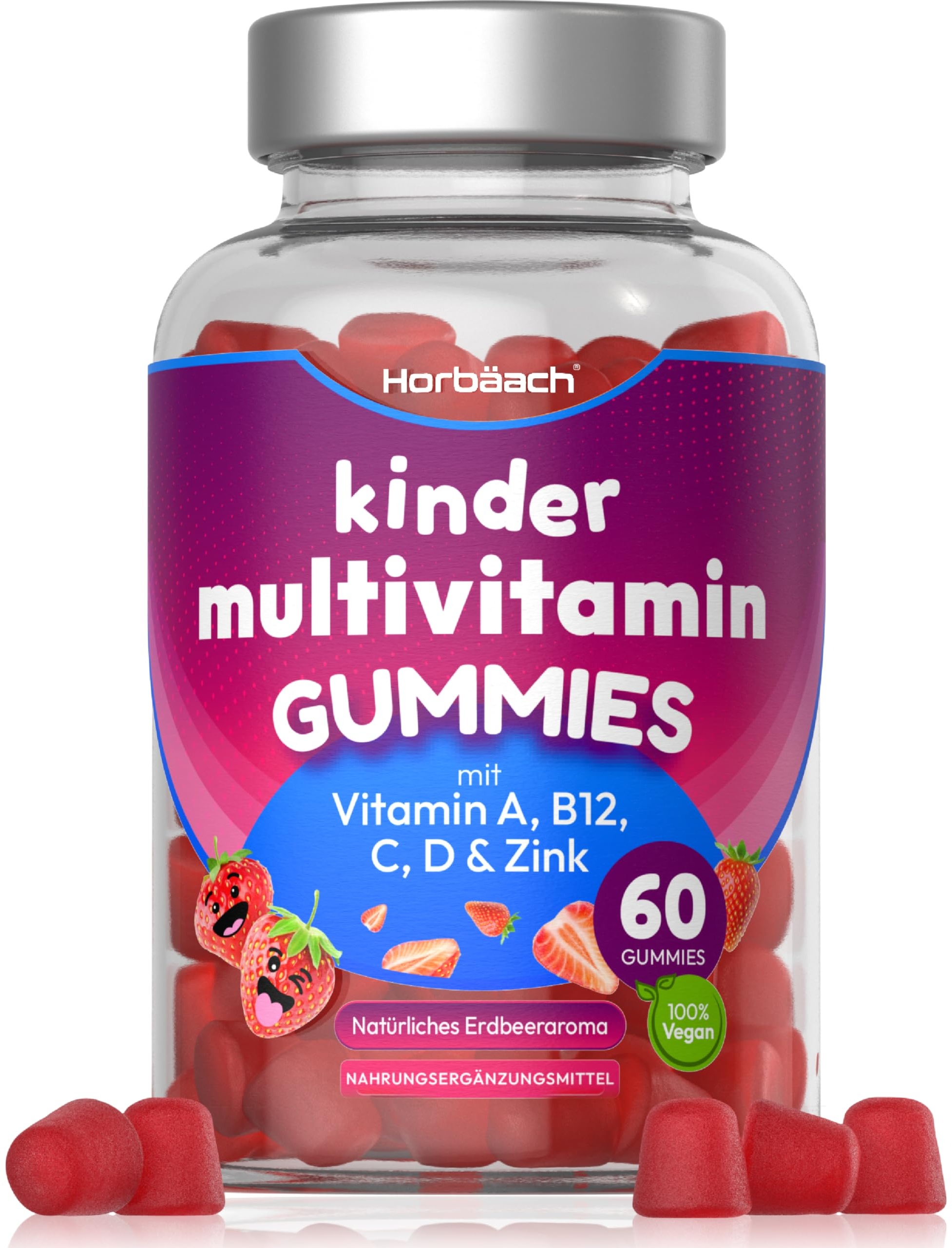 Multivitamin Gummibärchen für Kinder | 60 Gummies mit 14 essentielle Vitamine & Mineralstoffen | Vegan Kids Multivitamin mit Vitamin A, B12, C, D & Zink | Natürlicher Erdbeergeschmack | by Horbaach