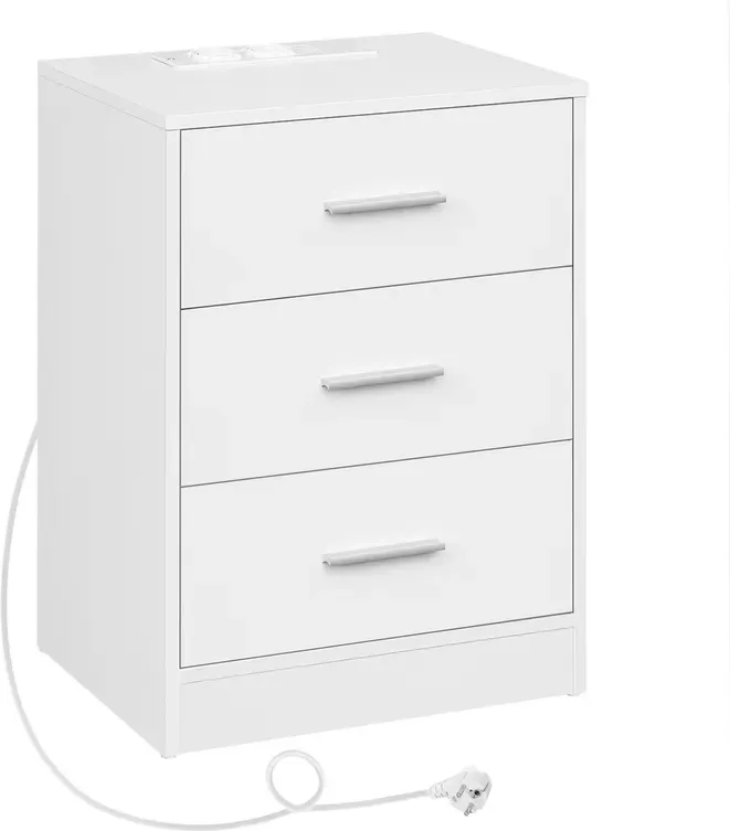 WOLTU Nachttisch mit Ladestation, 3 Schubladen, Weiß, für Schlafzimmer & Wohnzimmer, 39x28,5x54,5cm