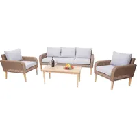 Mendler Garnitur HWC-H57, Garten-/Lounge-Set Sofa Sitzgruppe, rundes Poly-Rattan Alu + Akazie Spun Poly MVG Kissen hellgrau