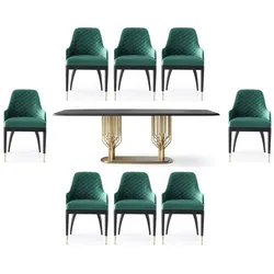 Casa Padrino Luxus Esszimmer Set Grün / Schwarz / Messing - 1 Luxus Esstisch & 8 Luxus Esszimmerstühle - Esszimmer Möbel - Luxus Möbel - Luxus Kollektion