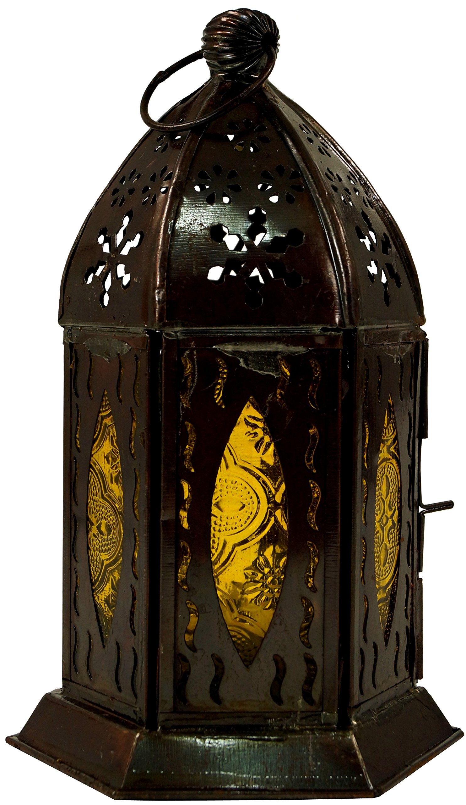 GURU SHOP Orientalische Metall/Glas Laterne in Marrokanischem Design, Windlicht ., Gelb, Farbe: Gelb, 18x10x10 cm, Orientalische Laternen