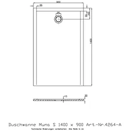 Hoesch Muna S 140x90x3cm, weiß, ohne Antirutsch