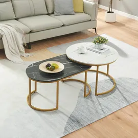 [en.casa] Satztisch Oppeerg 2er Set Marmoroptik, schwarz-weiß/Gold