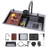 Vevor Einbauspüle 850 x 460 x 236 mm, Einbauspülbecken mit Integrierter Stufe, Wasserfallarmatur & Schneidebrett, Einzelbecken Geeignet für Wohnmobil, Vorbereitungsküche, Waschküche & Bar