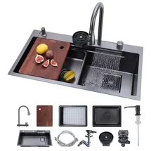 Vevor Einbauspüle 850 x 460 x 236 mm, Einbauspülbecken mit Integrierter Stufe, Wasserfallarmatur & Schneidebrett, Einzelbecken Geeignet für Wohnmobil, Vorbereitungsküche, Waschküche & Bar