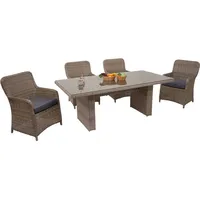 Mendler Poly-Rattan Garnitur HWC-E98, Balkon-/Garten-/Lounge-Set Sitzgruppe, Spun Poly halbrundes Rattan MVG beige Kissen grau