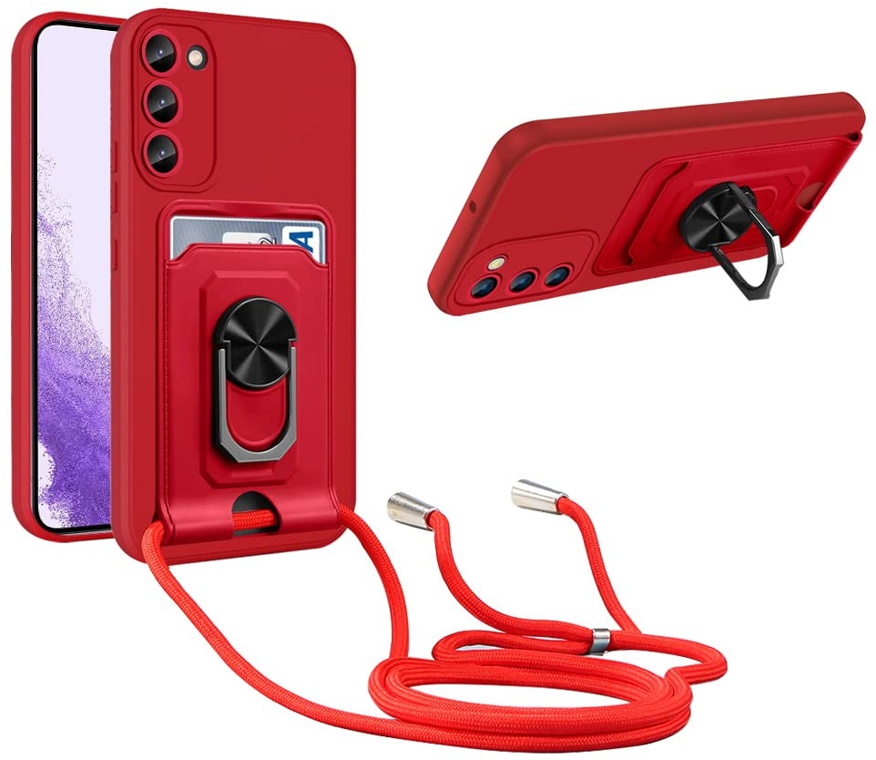 JMstore Handykette Schutzhülle Kompatibel mit Samsung Galaxy S23 Plus,360° Ring Ständer magnetisches Eisenblech+Kartenfach Kameraschutz Stoßfester Silikon hülle-Rot