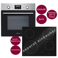 Geratek Einbauherd Set Backofen Umluft Timer 60cm Glaskeramik-Kochfeld rahmenlos