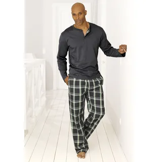 H.I.S. H.I.S Pyjama, (2 tlg., 1 Stück), Schlafanzug mit langer karierter Webhose H.I.S grau-grün