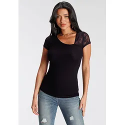 T-Shirt, Kurzarm, feminin geschnitten, asymmetrischer Ausschnitt, Gr. 40, schwarz, , 95971267-40
