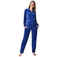 RAIKOU Hausanzug Hausanzüg Nicki Hausanzug Trainingsanzug Freizeitanzug (mit Reißverschluss und Satinband) mit Kontraspaspel-Details blau 36/38