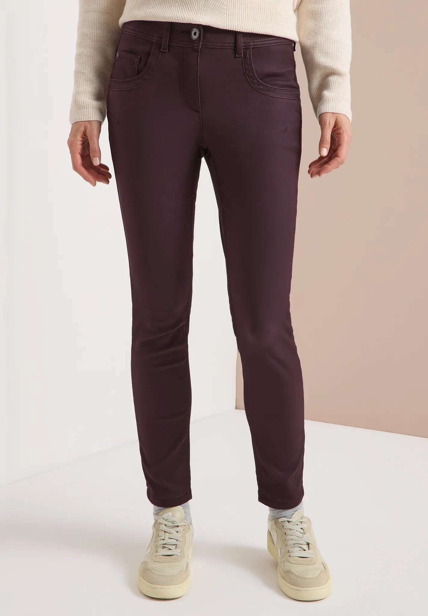 Lederimitathose CECIL, Damen, Gr. 33, Länge 30, lila (eggplant rot), Stoff, 76% Viskose, 21% Nylon, 3% Elasthan, unifarben, slim fit lang, Hosen, in Fake-Leder-Optik