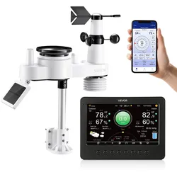 VEVOR 7-in-1 WLAN-Wetterstation, 7-Zoll-TFT-Display, solarbetriebener Außensensor, Wettercenter zur Wettervorhersage, Windgeschwindigkeit, Windrichtung, Temperatur, Luftfeuchtigkeit, Niederschlag