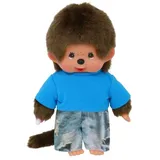 Monchhichi Sekiguchi 253852 - Original Monchhichi Junge mit Jeans und T-Shirt, ca. 20 cm großes Kuscheltier aus braunem Plüsch