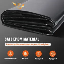 Vevor Teichfolie, 10 x 15 Fuß, 45 mm Dicke, biegsame Teichfolien aus EPDM-Material, leicht zu schneidende Unterlage für Fisch- oder Koi-Teiche, W... - Schwarz