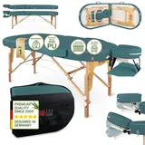 Zen Oval Massageliege klappbar, mobil - stabile Massagetisch, Kosmetikliege, Tattoo Liege aus Holz, Massagebank Behandlungsliege inkl. Tasche, Armlehne, Alu-Kopfstütze für Physiotherapie (Türkis)