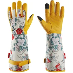 Mustbau Lange Gartenhandschuhe für Damen, Kunstleder Gauntlet Wasserabweisend Rosenhandschuhe, Garten Arbeitshandschuhe für Gartenarbeit Hausarbeit (Gelb, XL)