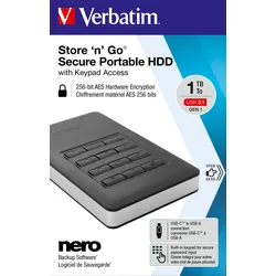 Verbatim Festplatte 1TB USB 3.1, A-C, 6.35cm (2.5''), schwarz Secure Portable, Keypad, AES-256-Bit, Retail