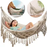 outtec Outtec® Hängematte - 200x150 cm, bis 200kg - Boho Baumwoll Hammock für Outdoor, Garten, Balkon, - für Kinder und Erwachsene, Beige