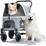 EchoSmile Hundewagen für Große Hunde bis 70kg, Faltbar Hundebuggy mit Netzfenstern, Verstellbarem Griff & 4 Geländegängige Räde (Grau + Weiß)