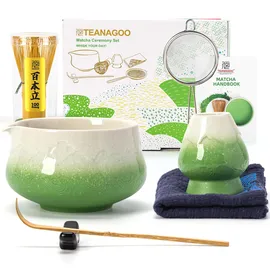 TEANAGOO 7-teiliges Matcha-Set, Grünes Matcha-Besen-Set, Zeremonie Matcha-Pulver Kit, Matcha-Teeset für die Zubereitung von Milchkaffee,Matcha Schneebesen Set und Schüssel mit löffel & Sieb, Fuji-Design Keramikschale, Geschenk für Matcha-Liebhaber,