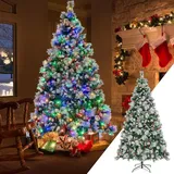 Costway 210 cm LED-Kunstweihnachtsbaum, beleuchteter Weihnachtsbaum mit Tannenzapfen, roten Beeren und Metallständer,