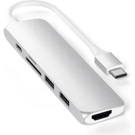 Satechi USB-C Hub Slim, Multiport-Adapter, Dockingstation mit 4K HDMI, 60W Power Delivery, 2X USB-A, SD/MicroSD-Kartenleser – Silber