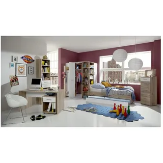 Lomadox Jugendzimmer-Set JOHANNESBURG-43, (Sparset, 8-tlg), San Remo Eiche Nb. und weiß, begehbarer beleuchteter Eckkleiderschrank braun