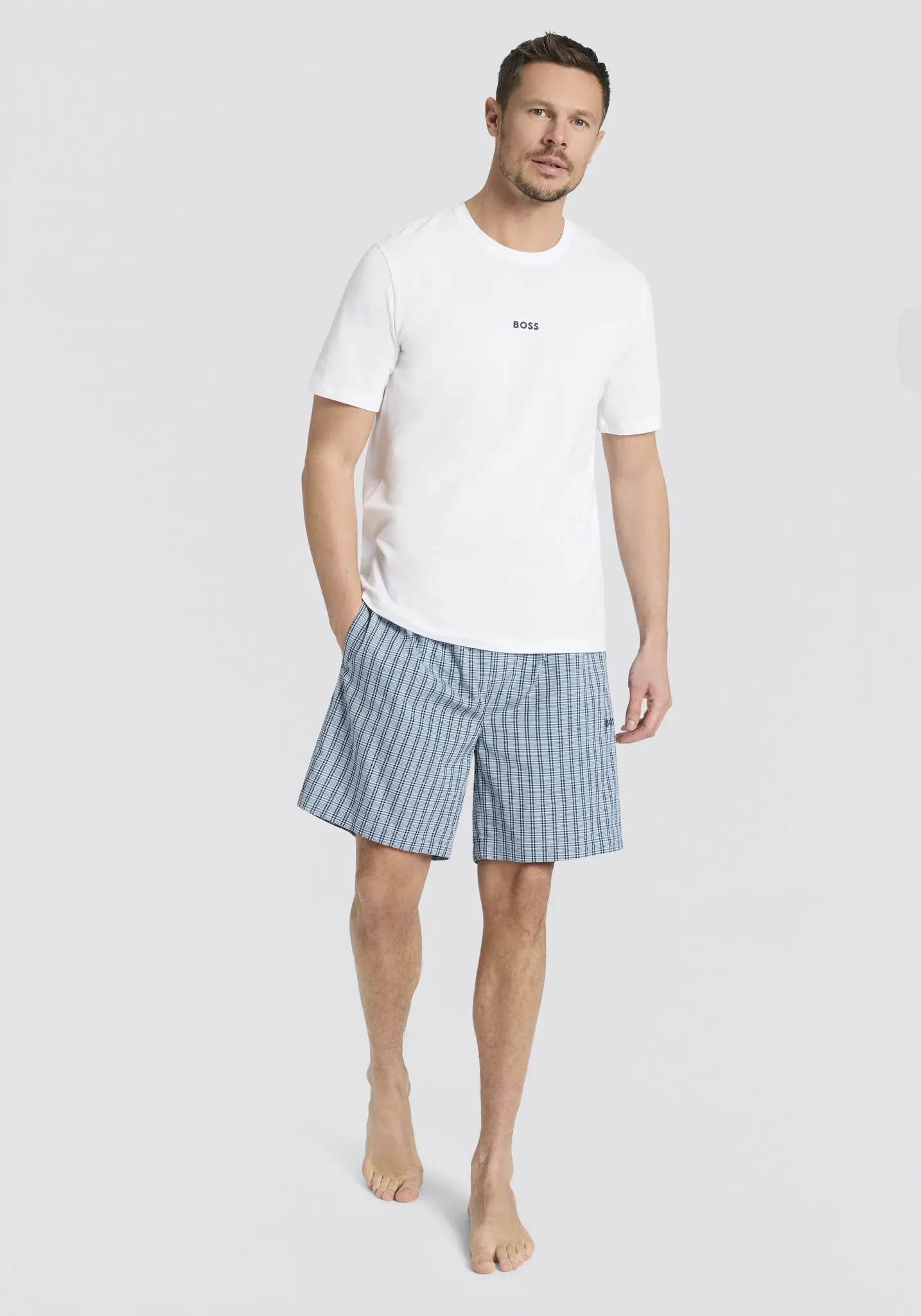 Shorty BOSS, Herren, Gr. L, blau, Jersey, Obermaterial: 57% Viskose, 40% Baumwolle, 3% Elasthan, normal, Rundhals, Homewear-Sets Shorty