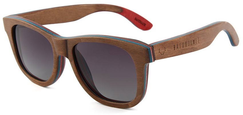NATURJUWEL Holz Sonnenbrille Herren Damen braun polarisiert Holzbrille aus Skateboardholz im stylischen Look inklusive Brillenbeutel