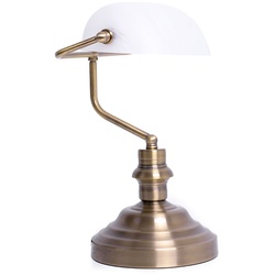 Bankerlampe Schirm weiß Schreibtischlampe Messing Antik Retro Nachttischlampe Vintage Style Bibliothekslampe, Schirm kippbar Glas Alabasteroptik Altmessing, 1x E27, LxH 25 x 36 cm