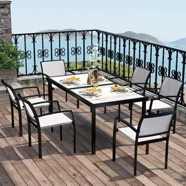 Outsunny Sitzgruppe 7 tlg. Essgruppe für 6 Personen Esstisch mit 6 Stapelbare Stühle, Esszimmergruppe Küchentisch-Set mit Stahlgestell Balkonmöbel Gartenmöbel für Terrasse, Balkon Grau