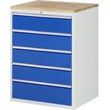 RAU Schubladenschrank Serie 7000, HxBxT 1.035 x 770 x 650 mm, 5 x 90%-Auszug-Schubladen 4 x 180, 1 x 210 mm, Arbeitsplatte Buche