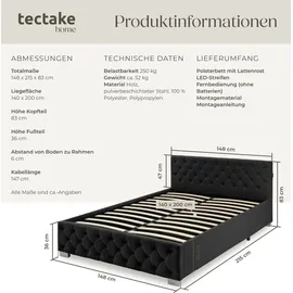 Tectake Polsterbett Venice 140 x 200 cm Holz/Stahl/Textil schwarz